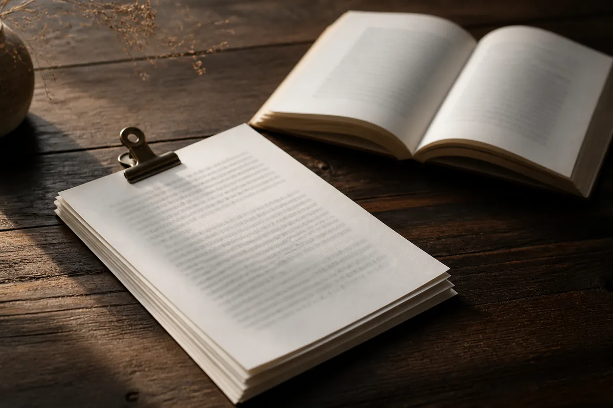 Un manuscrit imprimé posé à côté d&rsquo;un livre broché ouvert sur une table en bois