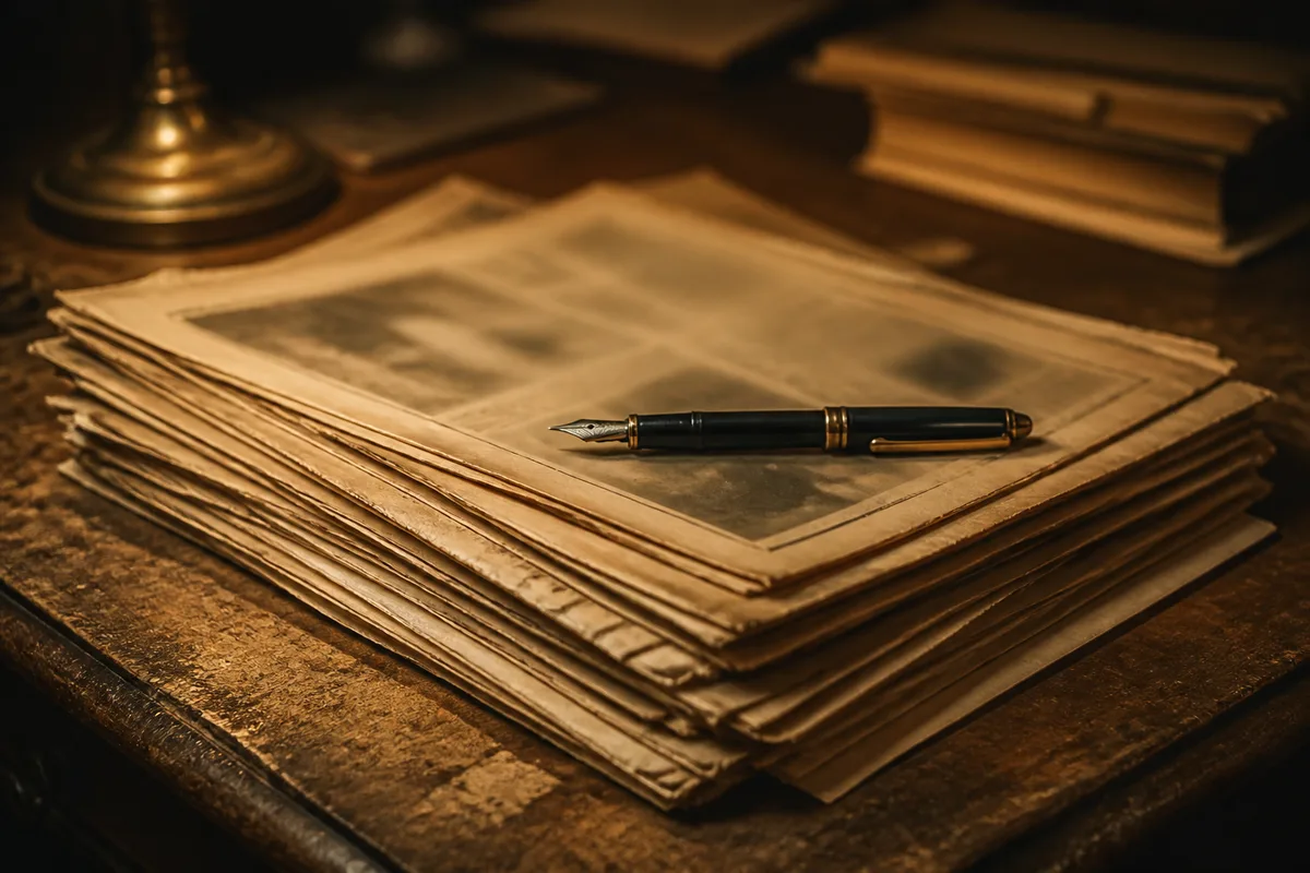 Une pile de vieux journaux et un stylo plume posés sur un bureau ancien